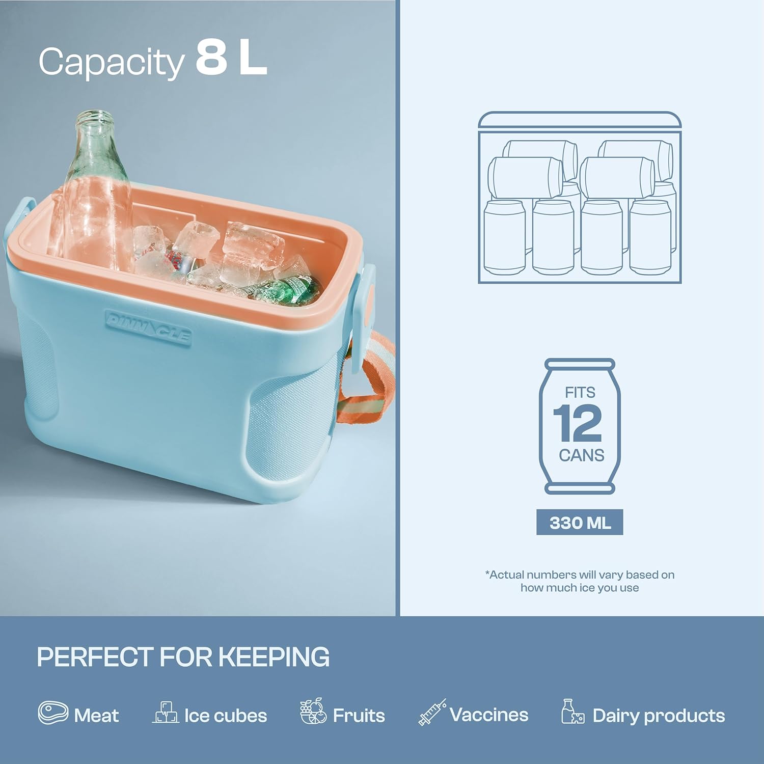 portable insulated ice cooler box with strap and lid lock for travel and picnic use