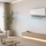 Transparent adjustable AC air deflector installed on split air conditioner directing airflow in modern living room