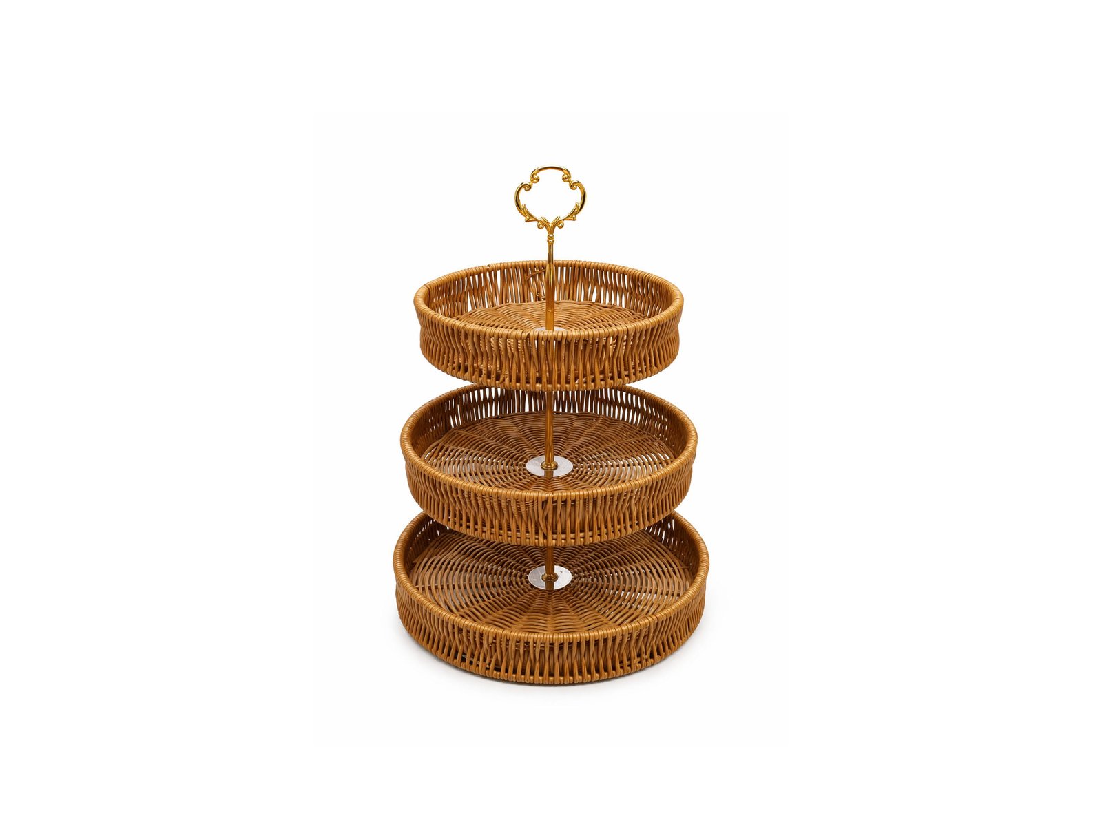 rattan basket stand for fruit and snacks with gold handle on display