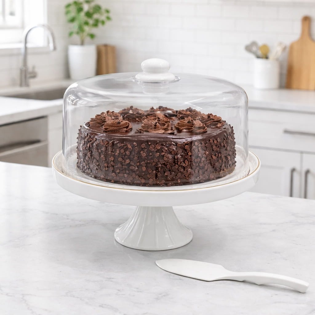 White Cake Stand with Dome and Spatula Set