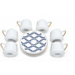 Set of 6 Turkish coffee cups with gold handles and patterned saucers