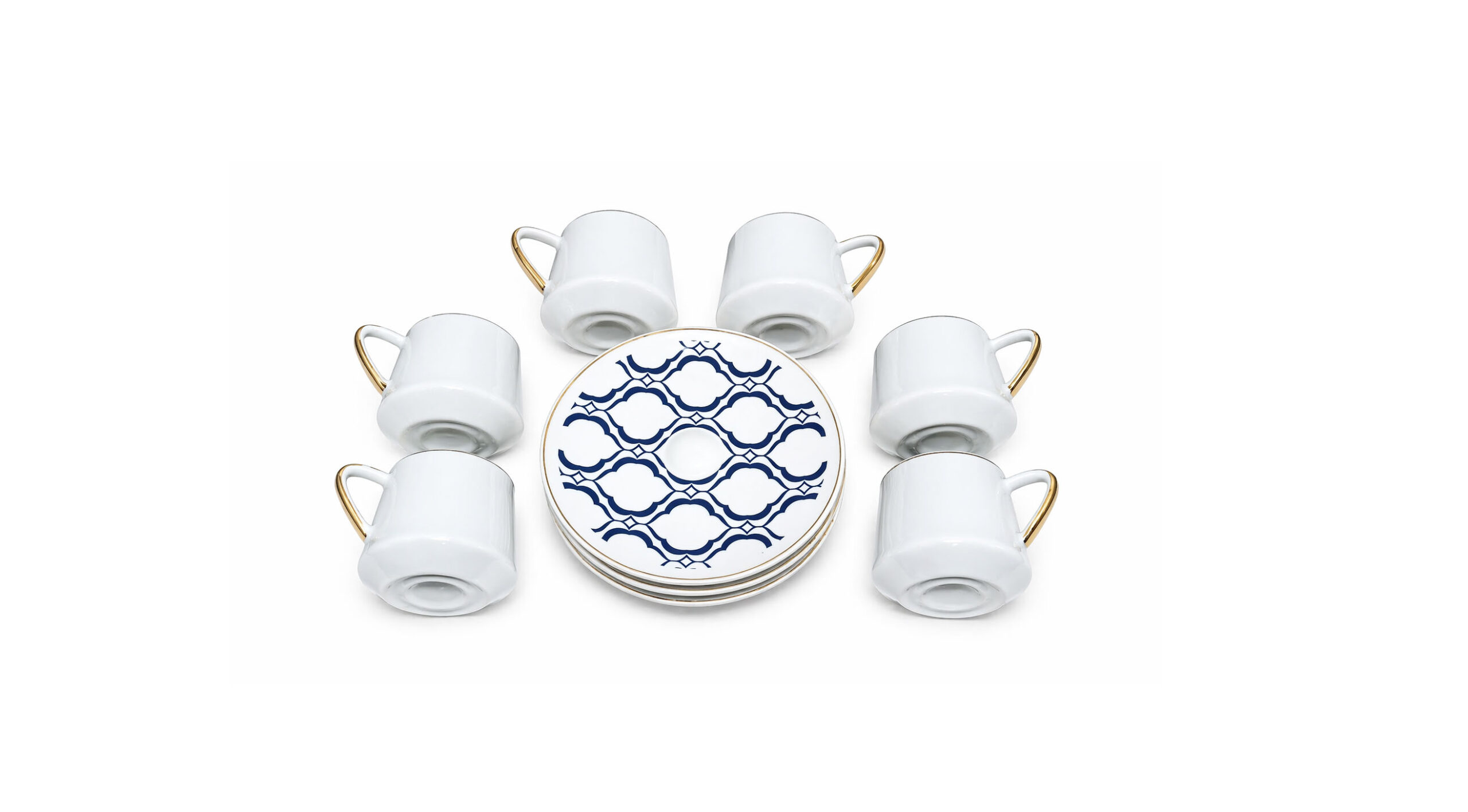 Set of 6 Turkish coffee cups with gold handles and patterned saucers