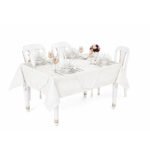 26-piece dinner table set with linen tablecloth, runner, napkins and pearl rings in light grey on white background