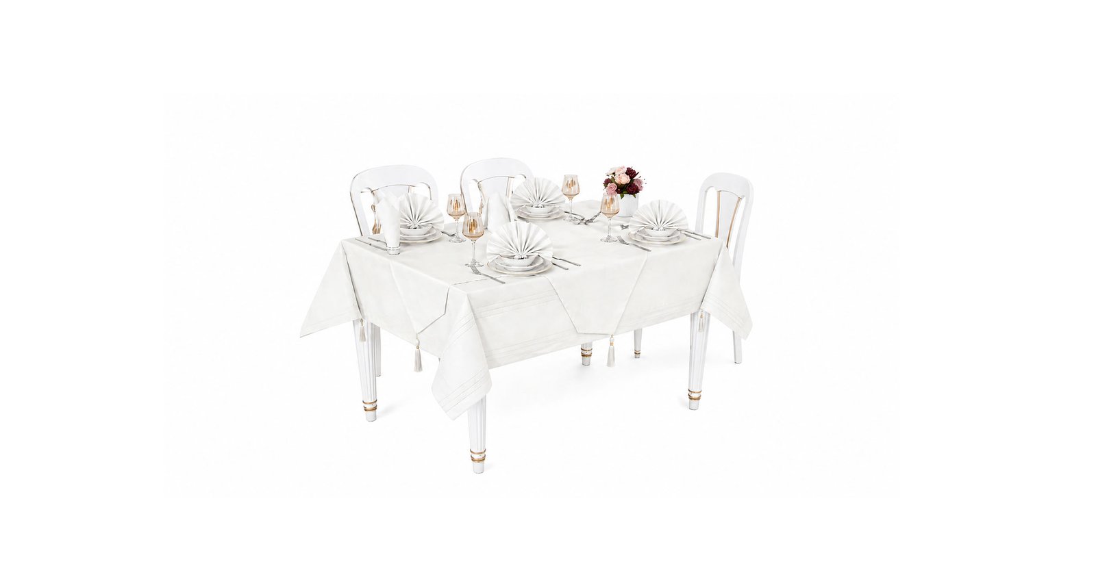 26-piece dinner table set with linen tablecloth, runner, napkins and pearl rings in light grey on white background