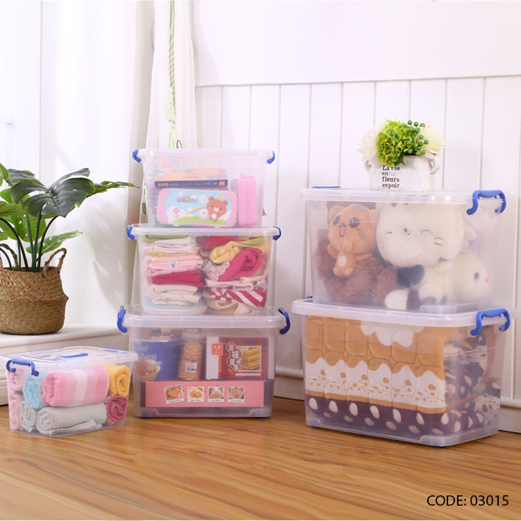 Transparent 50L plastic storage bin with lid, blue clip-lock handles, and wheels for home organization in Lebanon