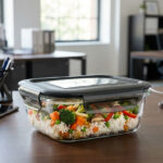 rectangular borosilicate glass food storage bowl with airtight plastic lid for oven, microwave, freezer and dishwasher use