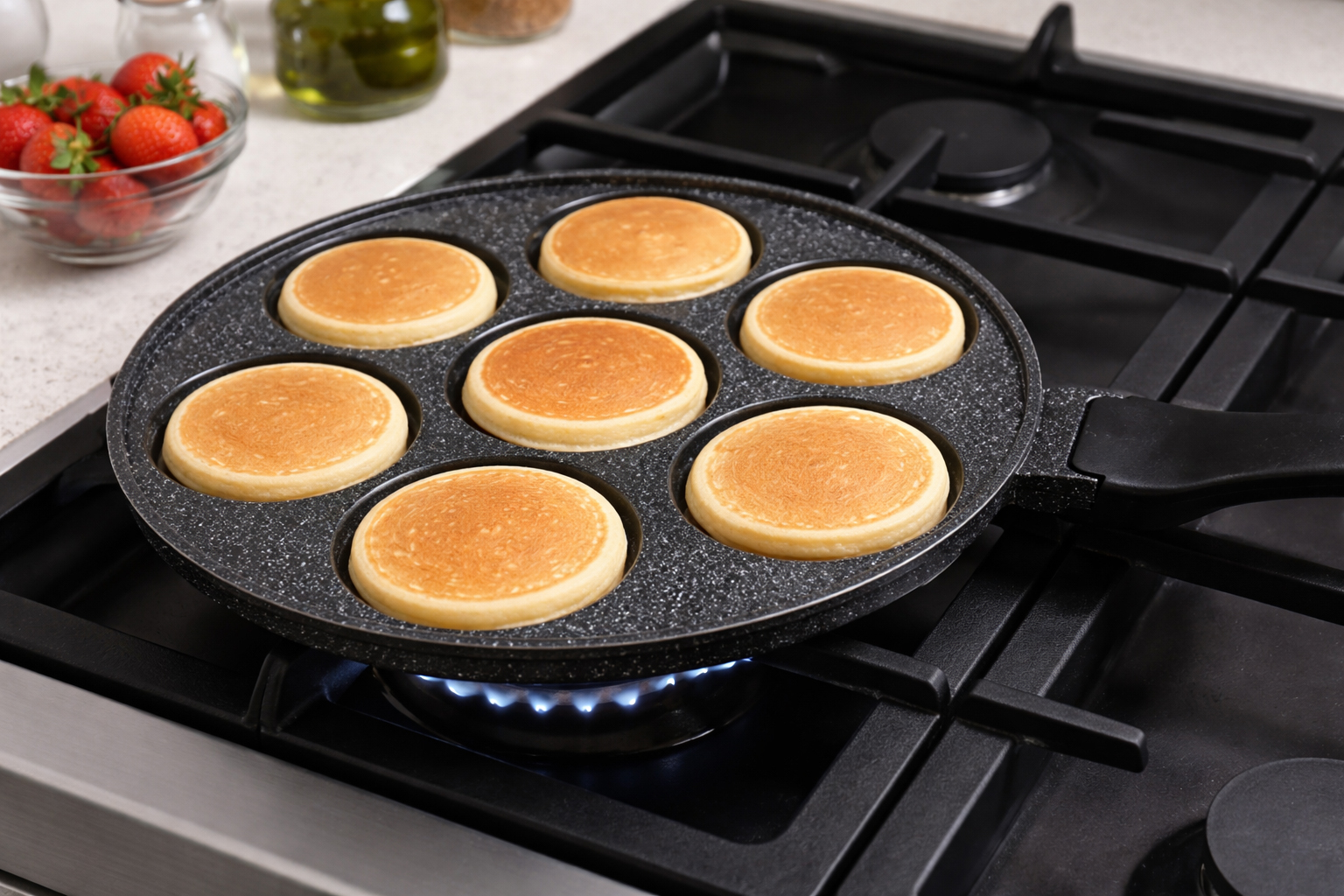 Dosthoff non-stick pancake pan with 7 holes cooking pancakes on stove