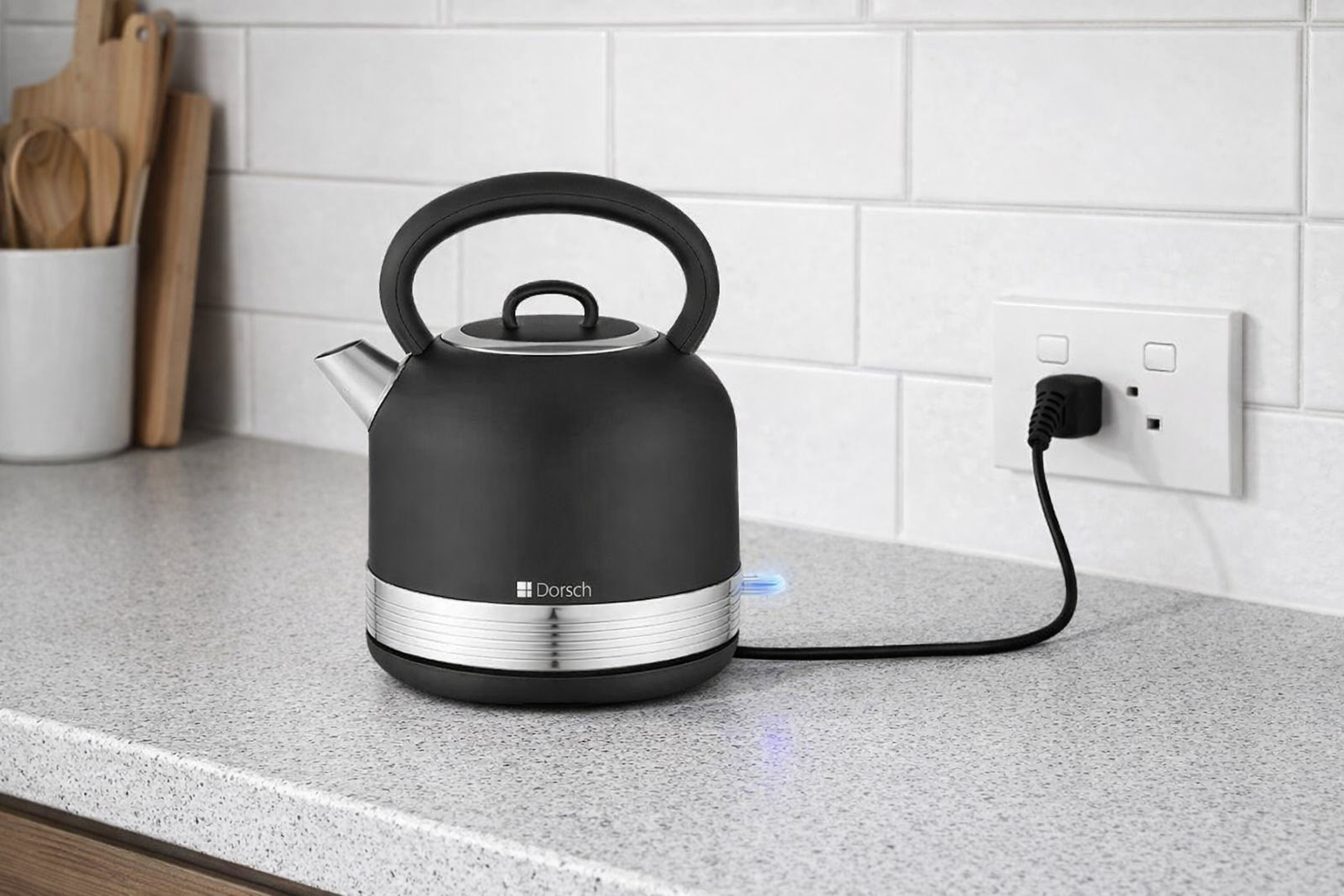 Dorsch black electric kettle 1.7L fast boil with modern design on table