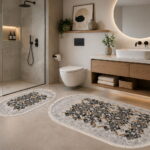 bath mats with Aztec geometric design, non-slip backing, and fringed edges in modern bathroom style