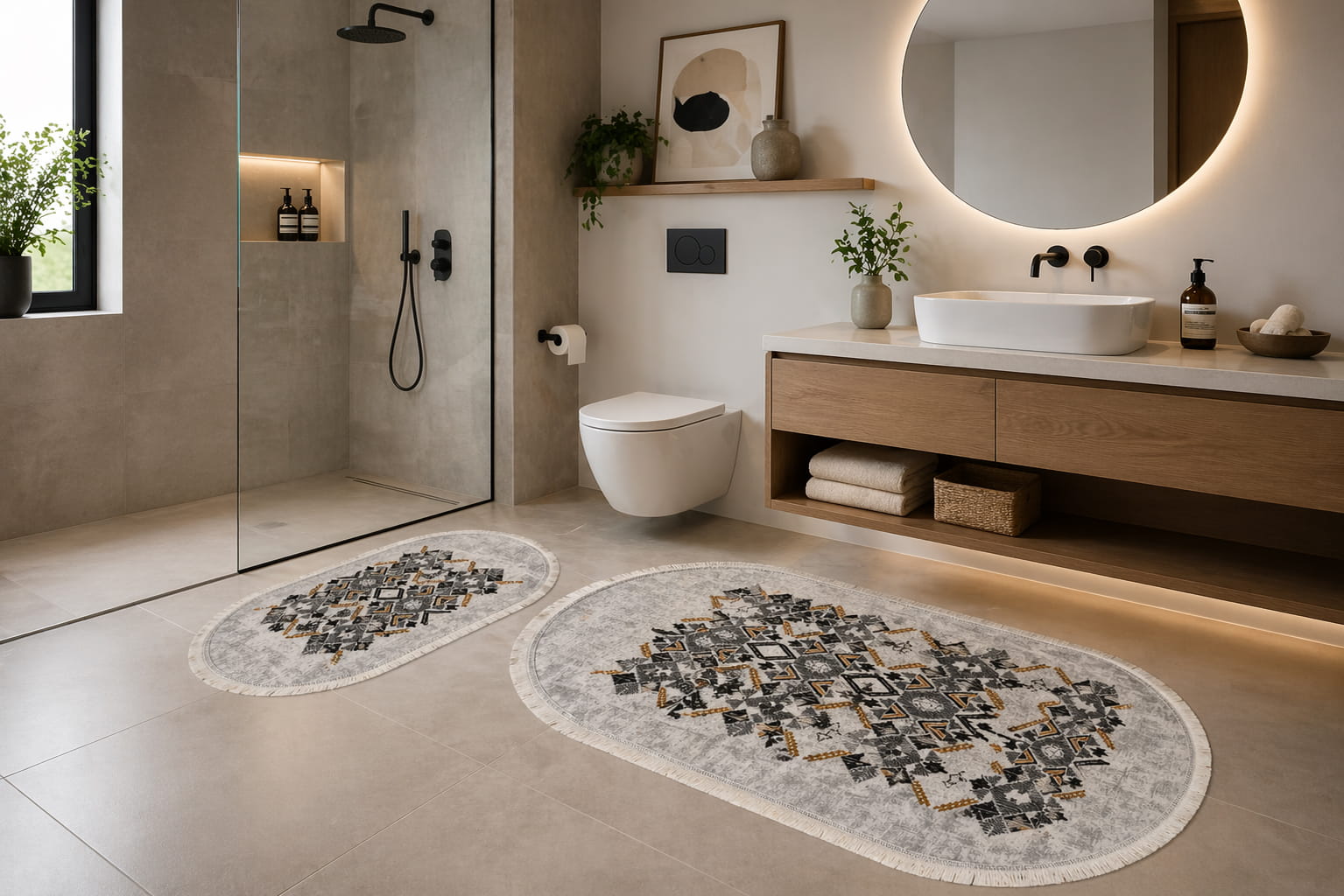 bath mats with Aztec geometric design, non-slip backing, and fringed edges in modern bathroom style