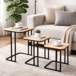 Modern set of 3 nesting side tables with wood top and black metal frame for living room in Lebanon