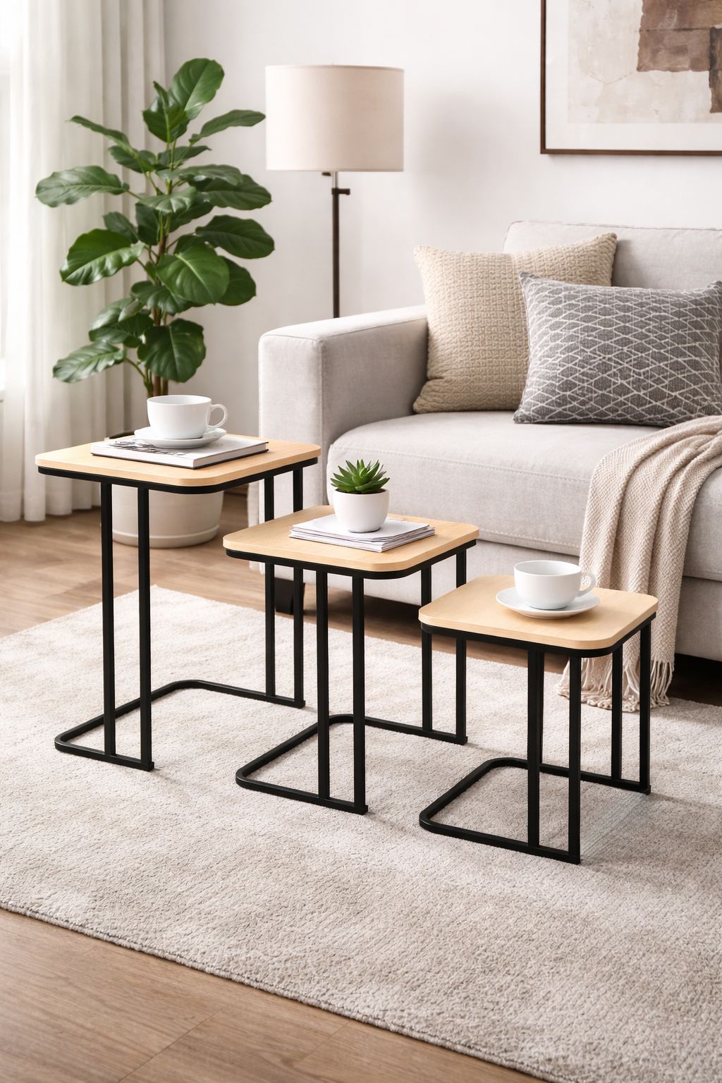 Modern set of 3 nesting side tables with wood top and black metal frame for living room in Lebanon