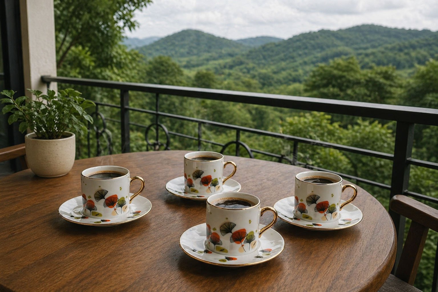set of 6 coffee cups with saucers gold handle ginkgo design Lebanon