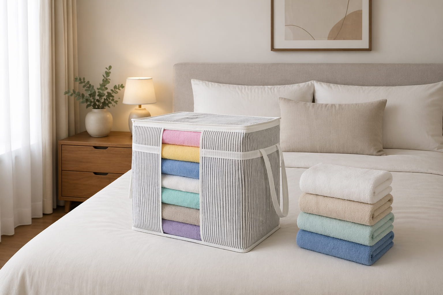 Cloth bag, Grey striped storage bag with transparent window filled with folded towels on white background