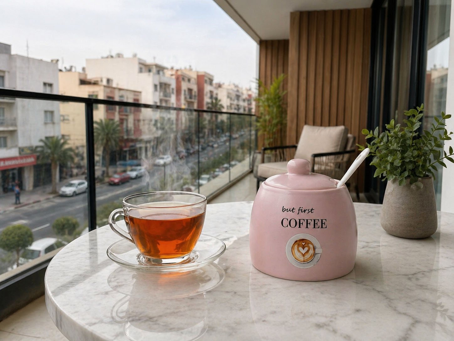 Dusty rose ceramic sugar bowl with lid and spoon slot coffee design