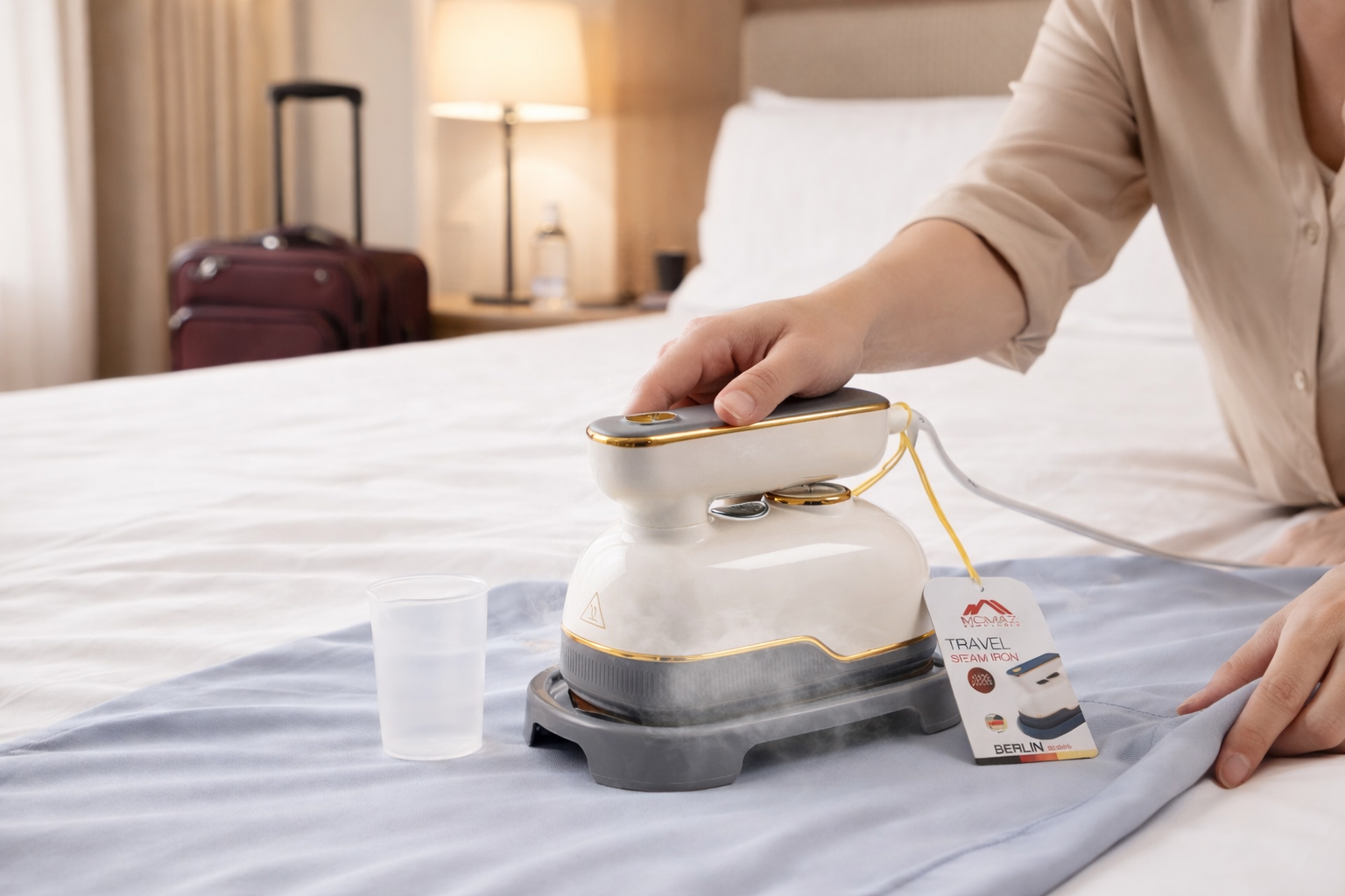 Momaz Berlin Series travel steam iron 1000W portable with ceramic soleplate for hotel and travel use in Lebanon