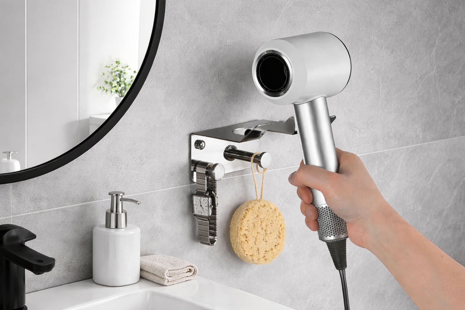Wall mounted stainless steel hair dryer holder with hooks for bathroom organization