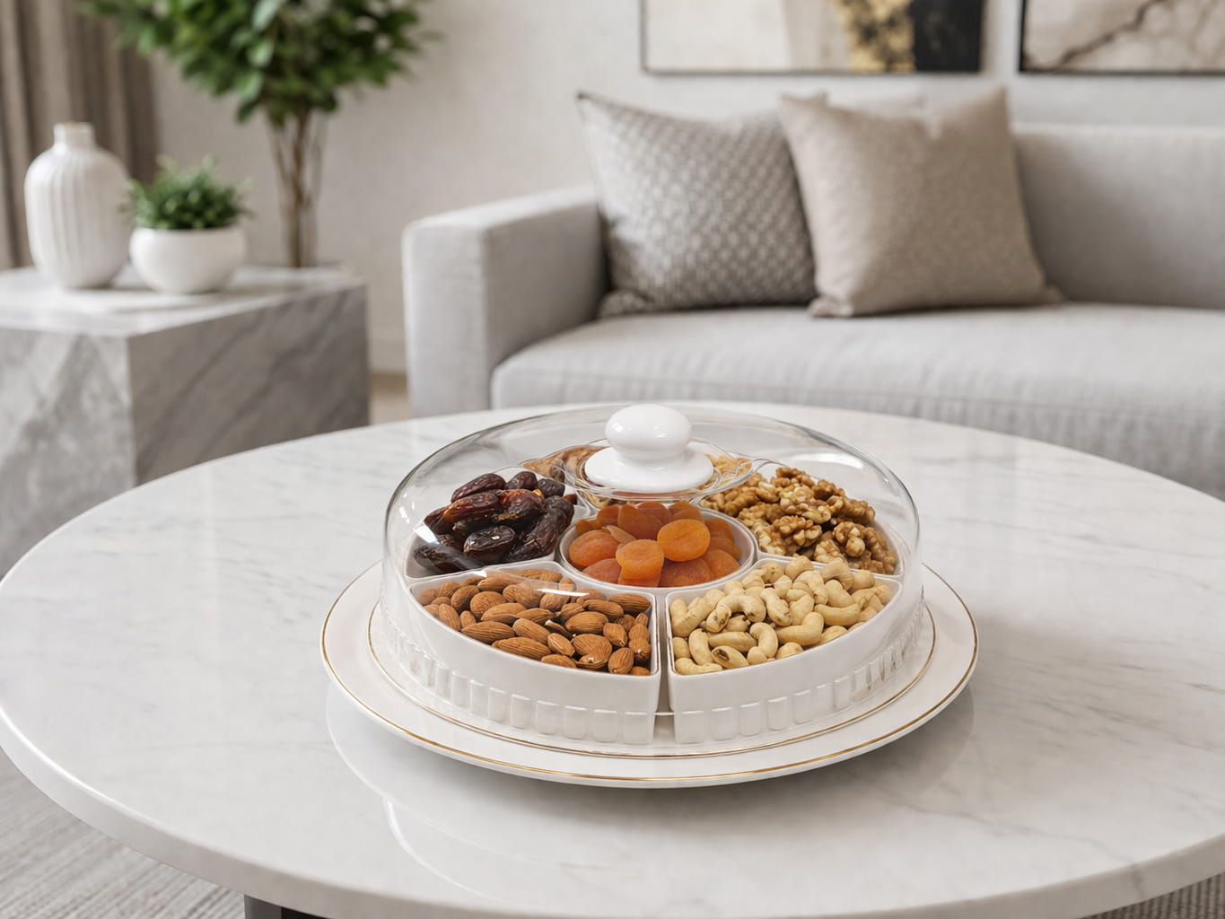 Round divided snack tray with clear cover and 6 compartments filled with nuts and dried fruits on a modern table