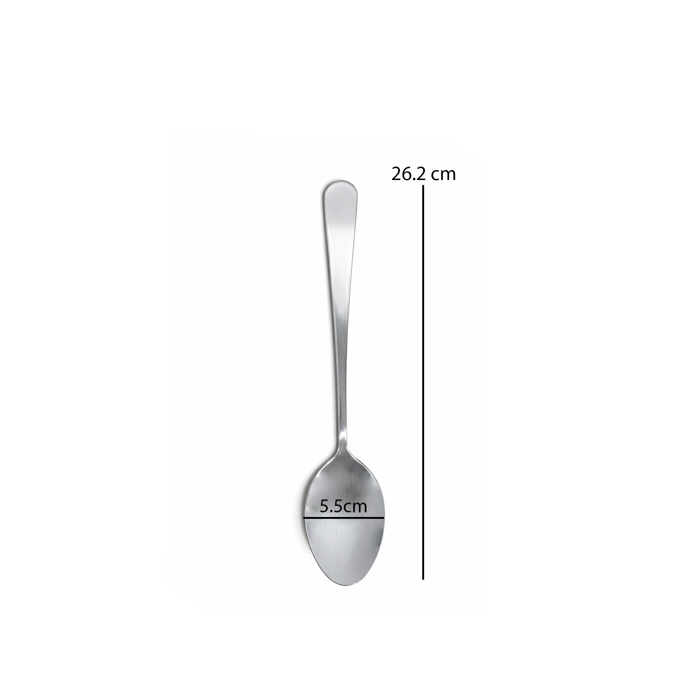 stainless steel serving spoon with mirror finish on white background