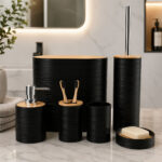 6-piece bathroom set with bamboo lids modern black organizer accessories set