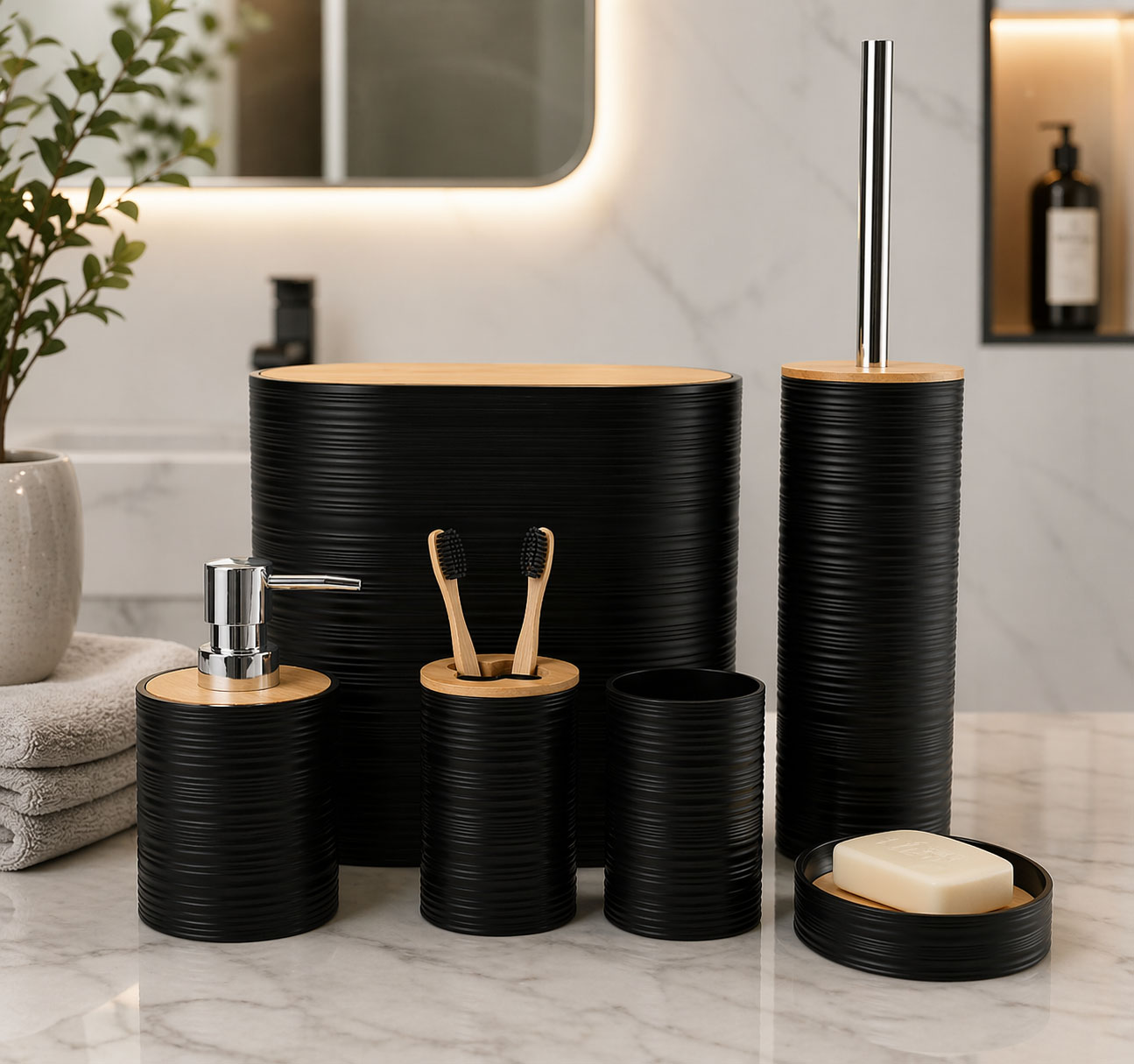 6-piece bathroom set with bamboo lids modern black organizer accessories set