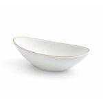 Set of 6 oval boat shaped white ceramic serving bowls with gold rim on white background