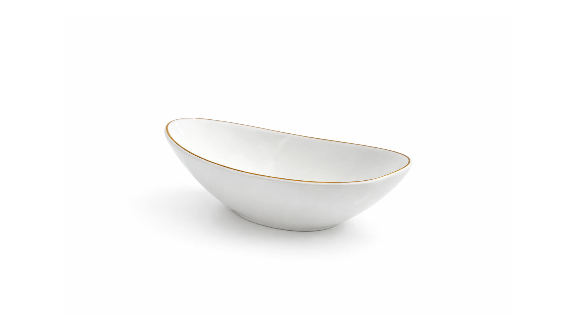 Set of 6 oval boat shaped white ceramic serving bowls with gold rim on white background