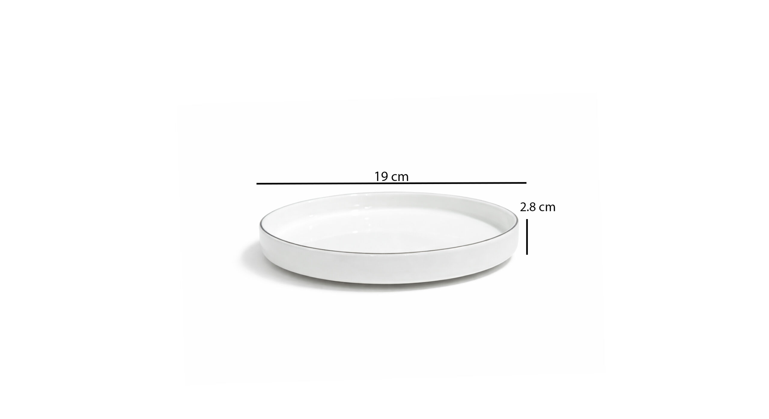 Set of 6 white ceramic dessert plates with silver rim 19cm on white background for elegant table setting