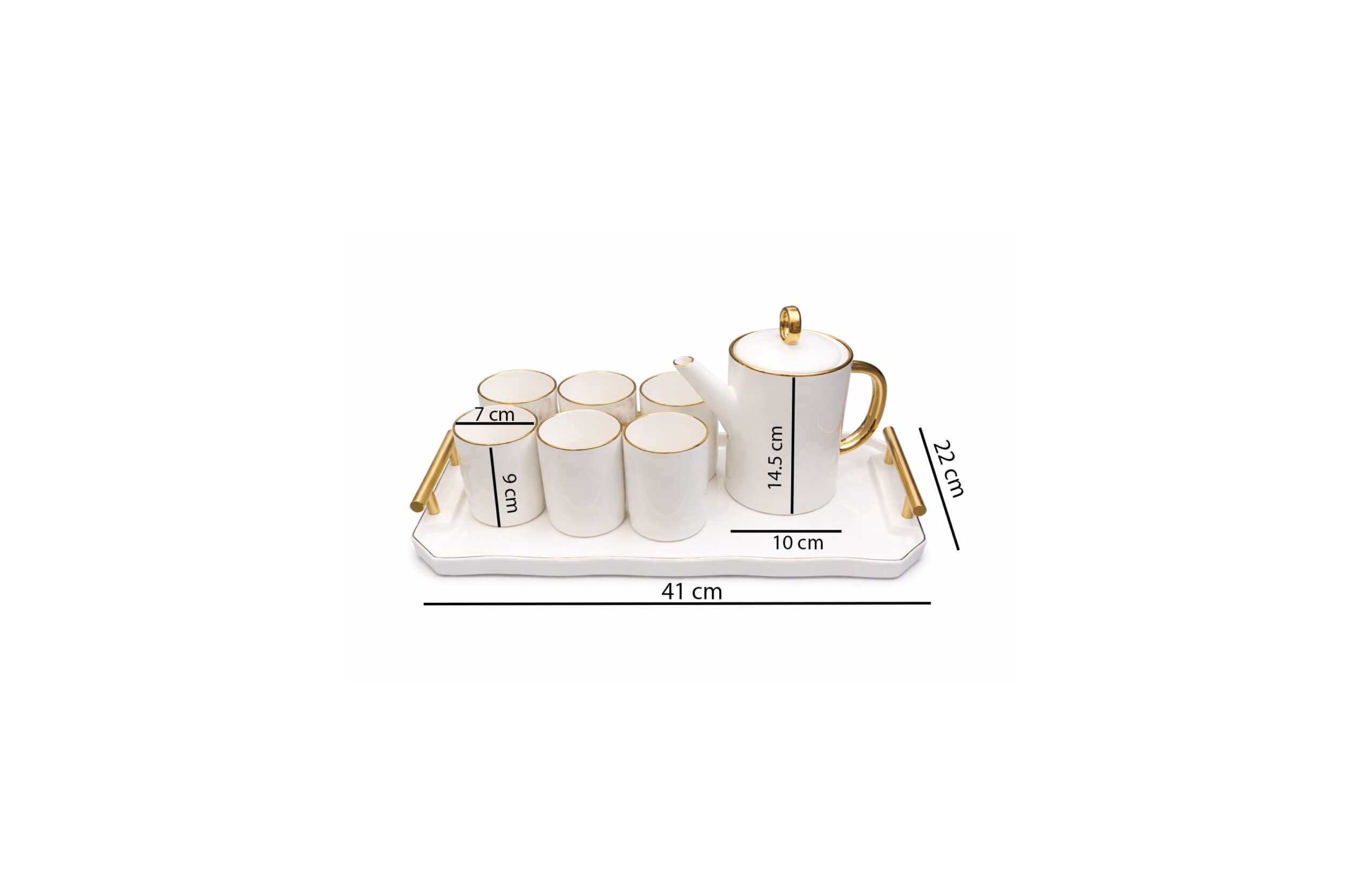luxury white ceramic tea set with gold rim including teapot cups and tray