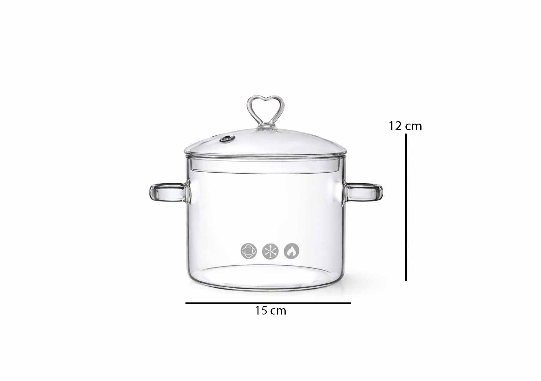 Transparent 1500ml borosilicate glass cooking pot with lid on white background