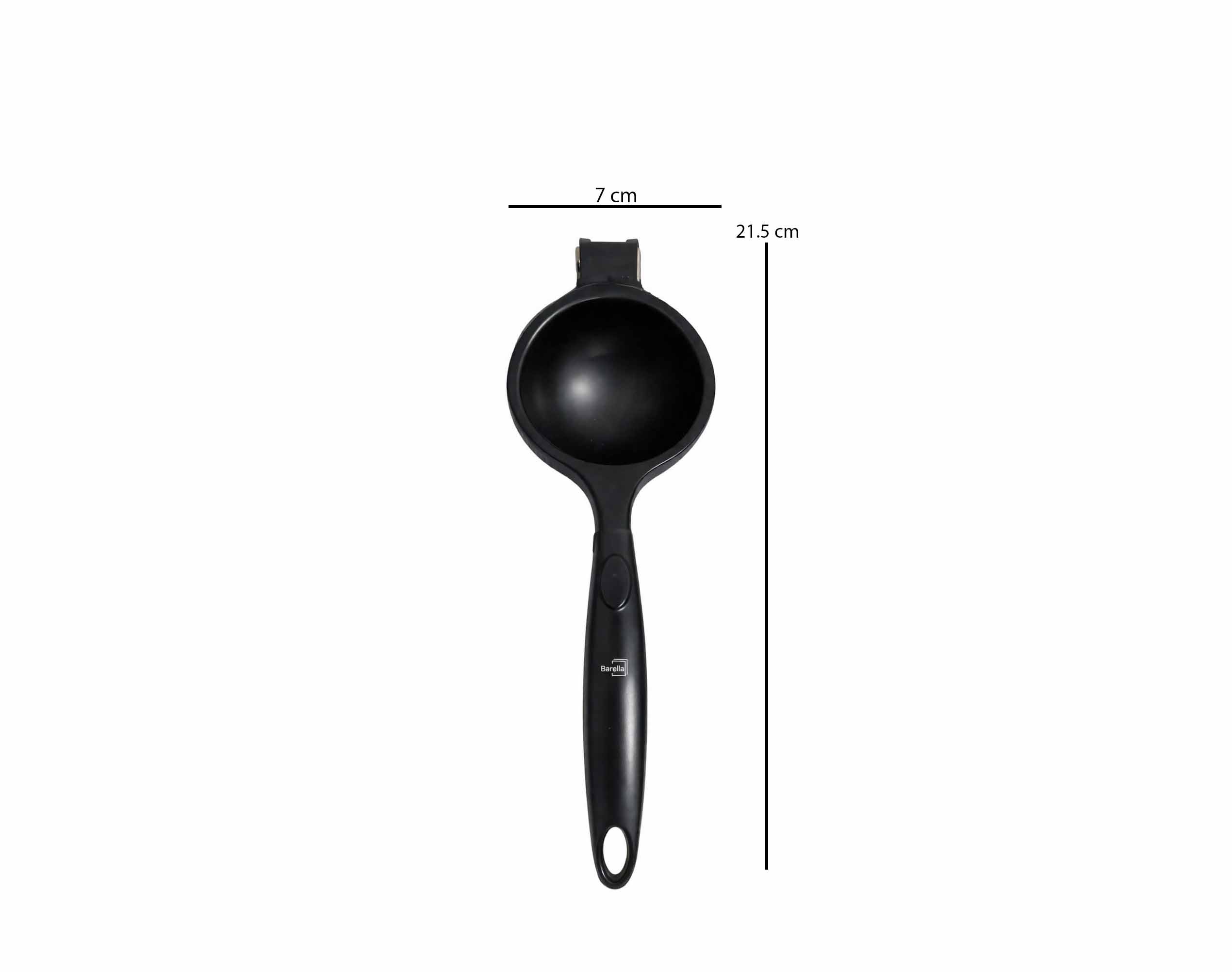 Barella handheld lemon squeezer CF 1212 B black manual citrus juicer on white background with fresh lemon halves