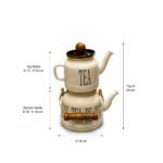 Beige metal tea kettle and teapot set with wood handles and vintage TEA lettering design.