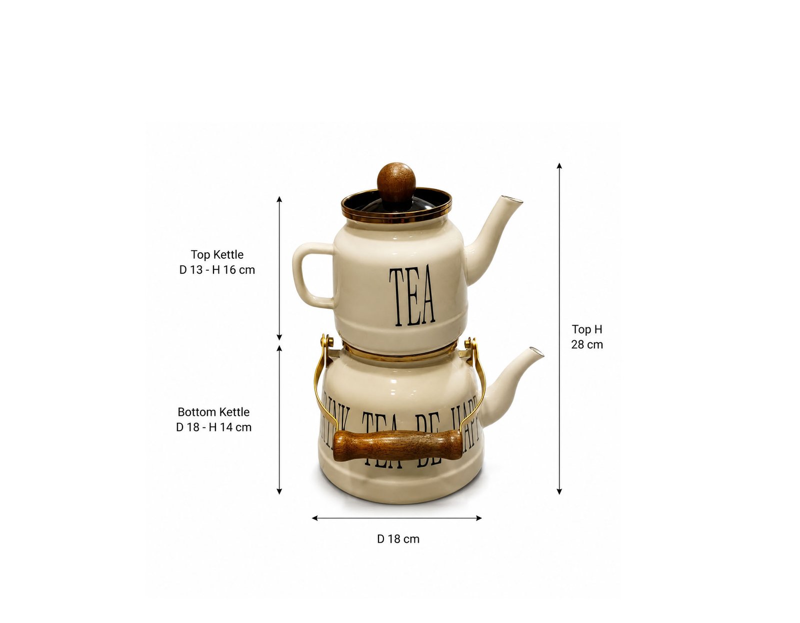 Beige metal tea kettle and teapot set with wood handles and vintage TEA lettering design.
