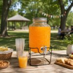 Clear glass beverage dispenser jug with iron stand and tap for serving juice, lemonade, iced tea, and infused drinks in Lebanon.