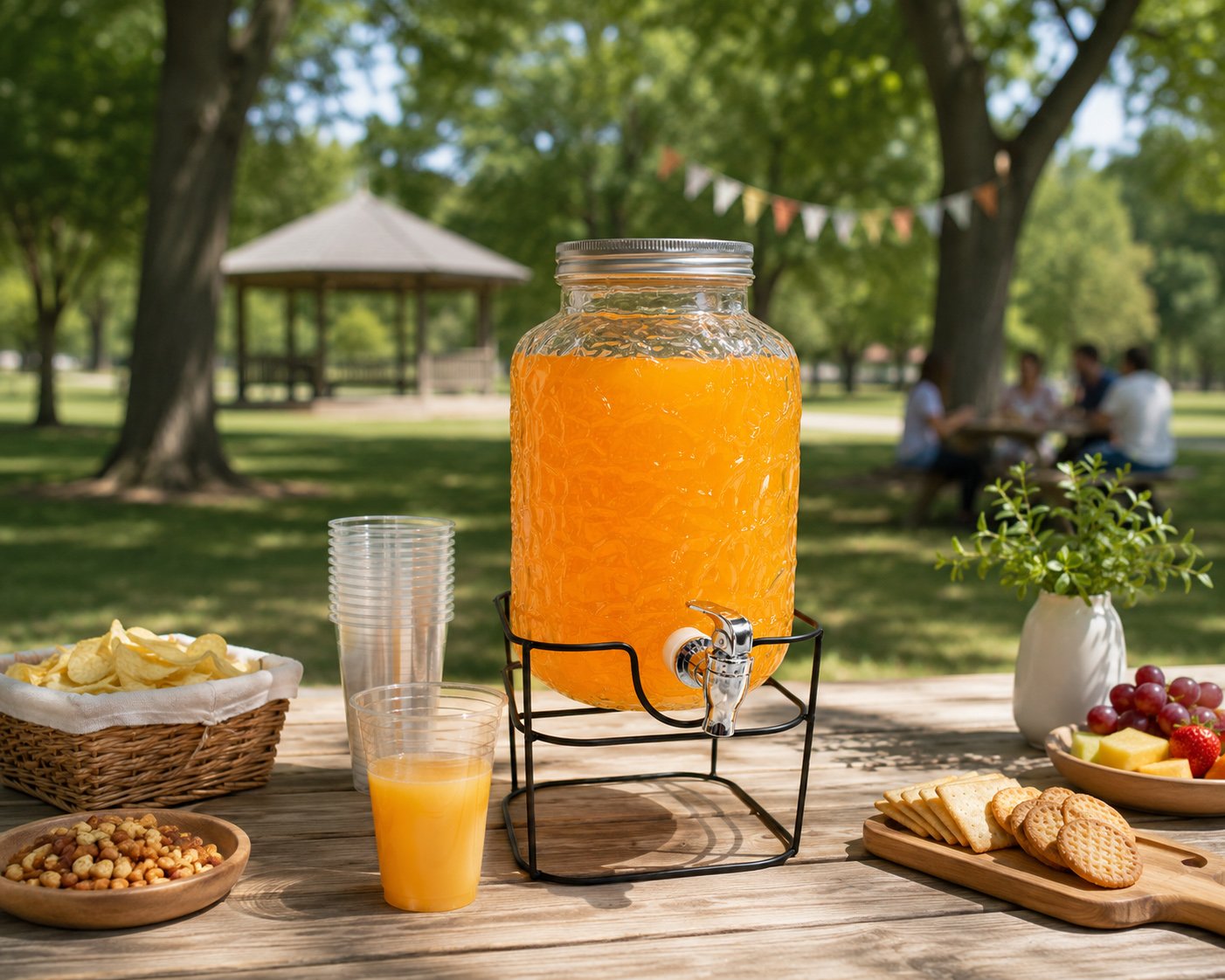 Clear glass beverage dispenser jug with iron stand and tap for serving juice, lemonade, iced tea, and infused drinks in Lebanon.