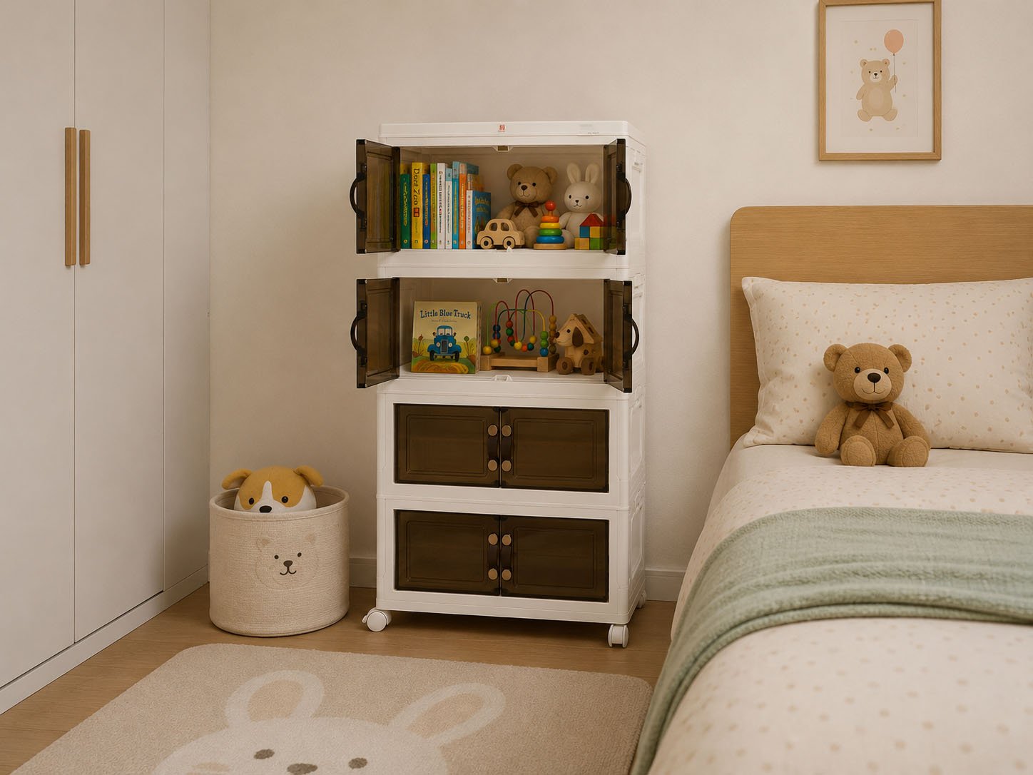 White 4-tier foldable stackable storage cabinet with transparent doors and wheels for home organization in Lebanon