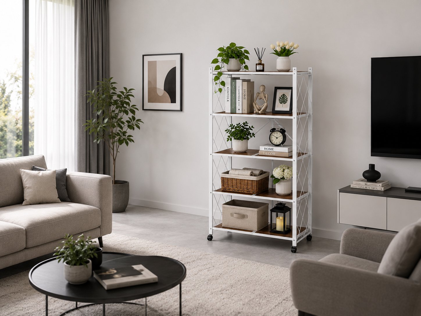 foldable 5-tier storage rack with wooden shelves and metal frame for kitchen and home organization in Lebanon