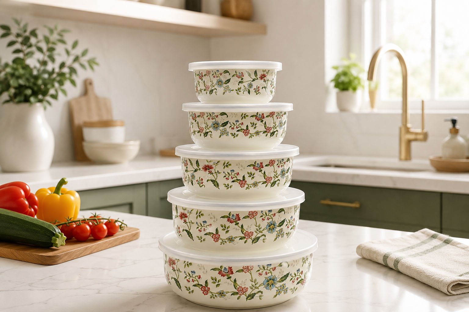 nesting bowls with transparent lids for food storage and serving in kitchen