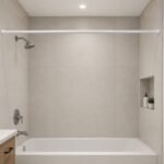 plastic shower curtain rod extending from 120 to 220 cm in beige, white and grey for bathroom shower curtains.