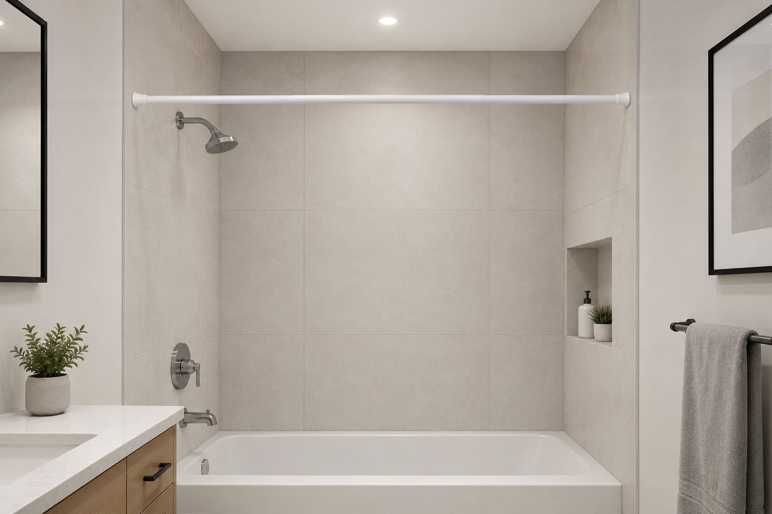 plastic shower curtain rod extending from 120 to 220 cm in beige, white and grey for bathroom shower curtains.