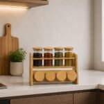Natural bamboo spice rack organizer with 8 airtight clear glass jars for kitchen spices and dry food storage