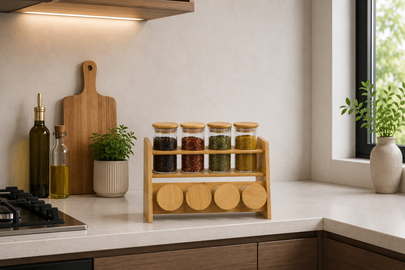 Natural bamboo spice rack organizer with 8 airtight clear glass jars for kitchen spices and dry food storage