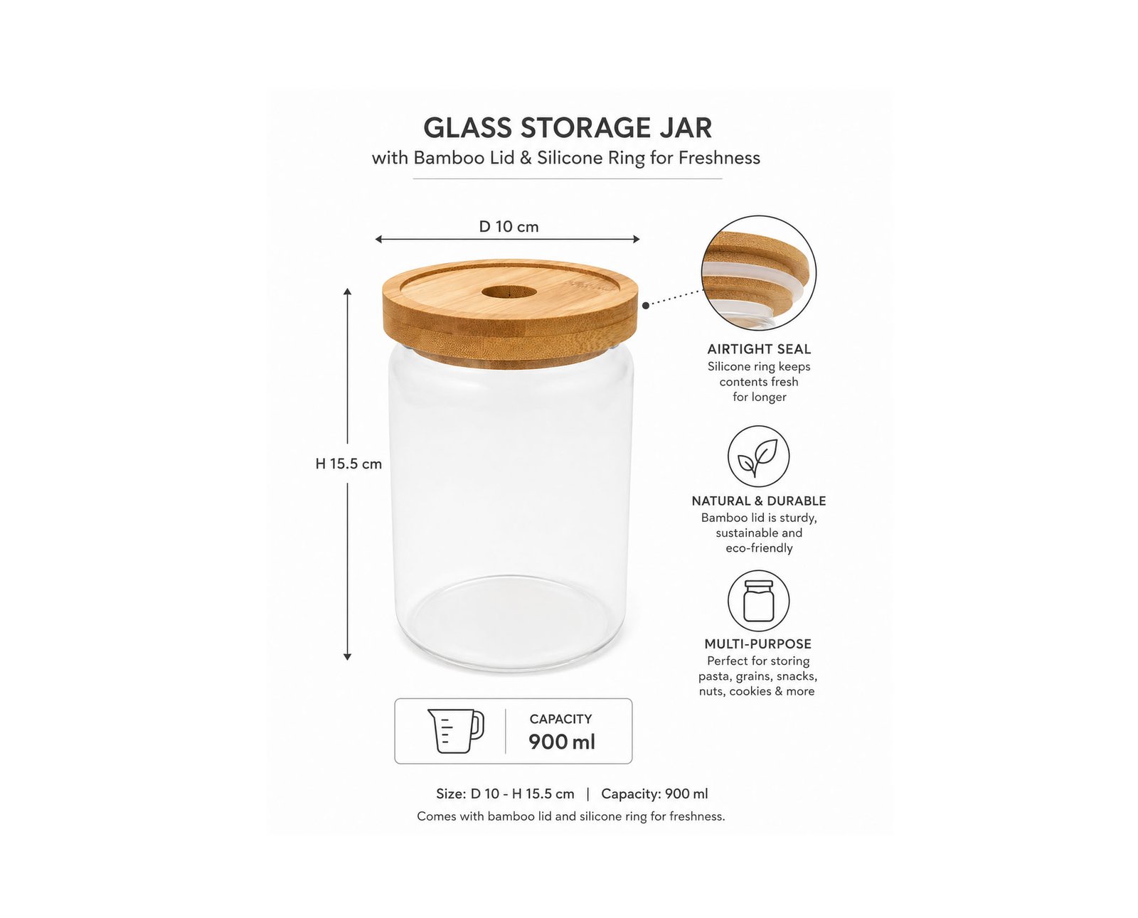 Transparent airtight round glass storage jar with bamboo wood lid and silicone sealing ring for kitchen organization
