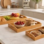 Set of 3 bamboo serving trays with handles and nesting design for serving food drinks and snacks in modern homes
