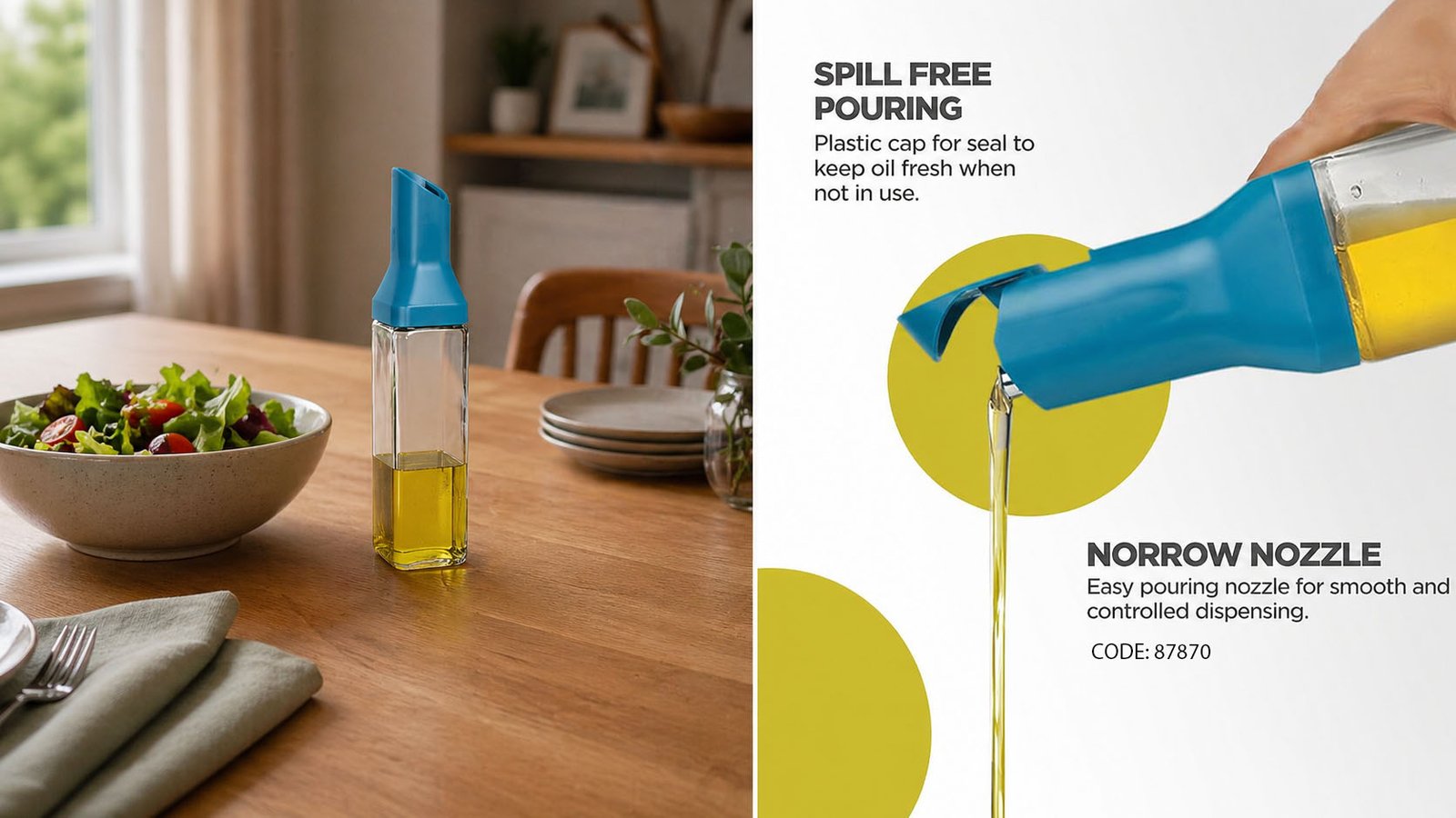 glass olive oil dispenser with smart flip lid and drip-free stainless-steel spout on white background