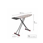 metallic ironing board with patterned cover and foldable metal legs on white background