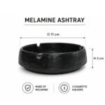 Black round melamine ashtray with 3 cigarette rests and glossy finish on white background