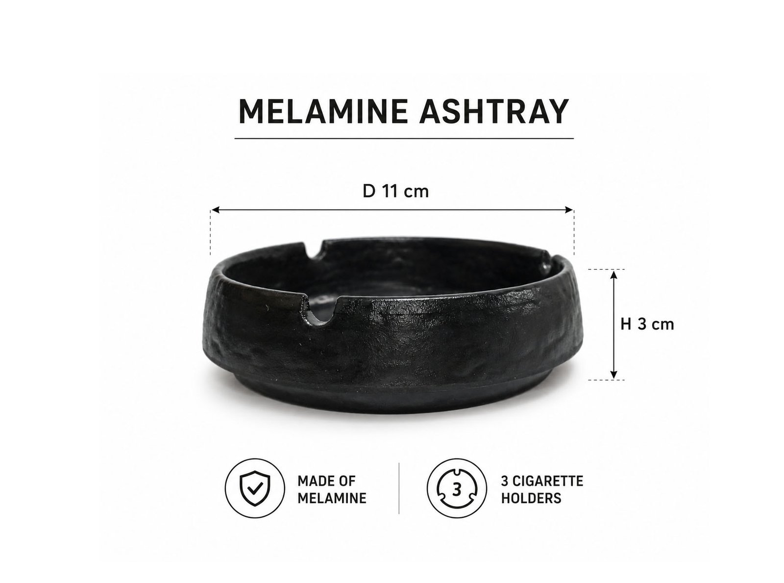 Black round melamine ashtray with 3 cigarette rests and glossy finish on white background