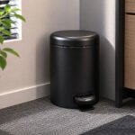 stainless-steel 5 liter pedal waste bin with quiet soft-close lid and removable inner bucket handle for bathroom or office use.