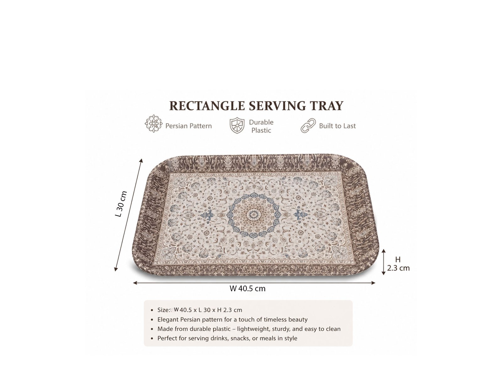 serving tray with Persian rug pattern design made from durable plastic, size 35.5 cm diameter.